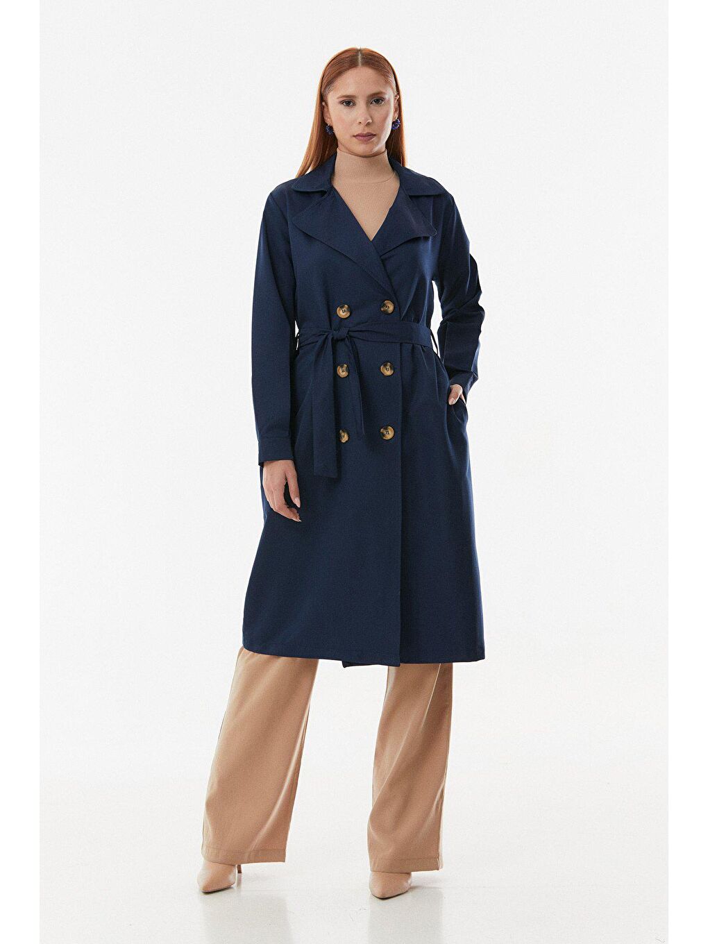 Lacivert Kruvaze Yaka Kuşaklı Uzun Trençkot-2