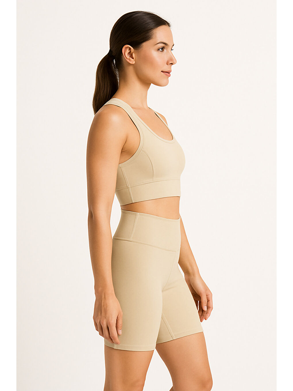 Bej Yüksek Bel Toparlayıcı Kadın Spor Kısa Tayt-3