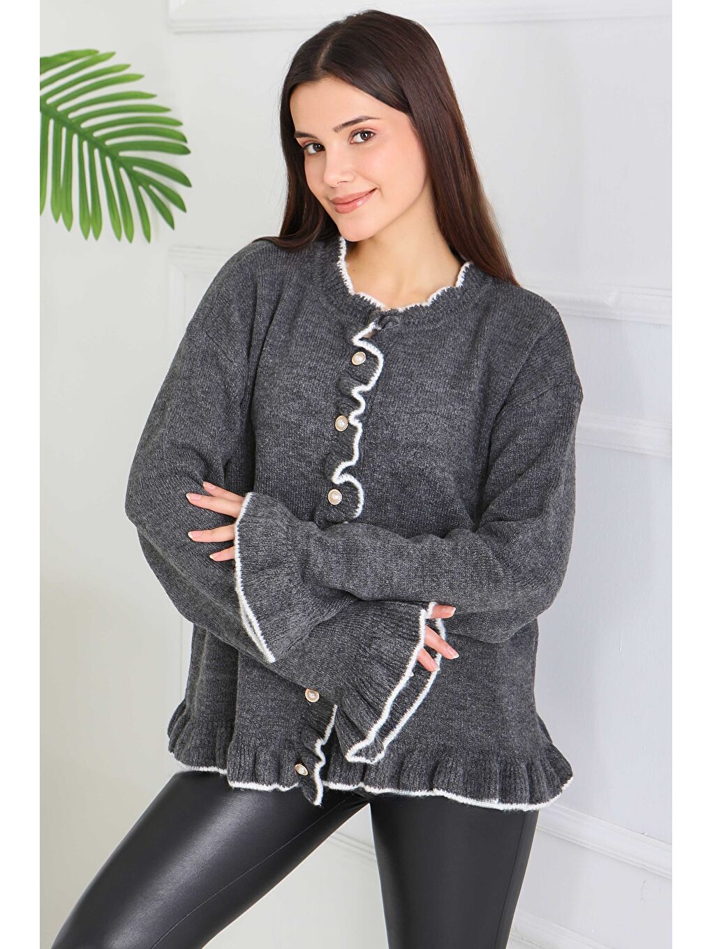 İnci Düğmeli Triko Hırka Antrasit - 28005-ANTRASIT-1