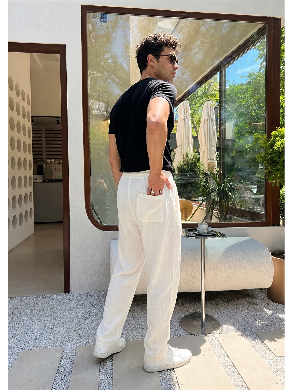 Beyaz Balve %100 Pamuk Baggy Müslin Kumaş Erkek Pantolon Bağcıklı Lastikli Bel Yazlık Pantolon-5