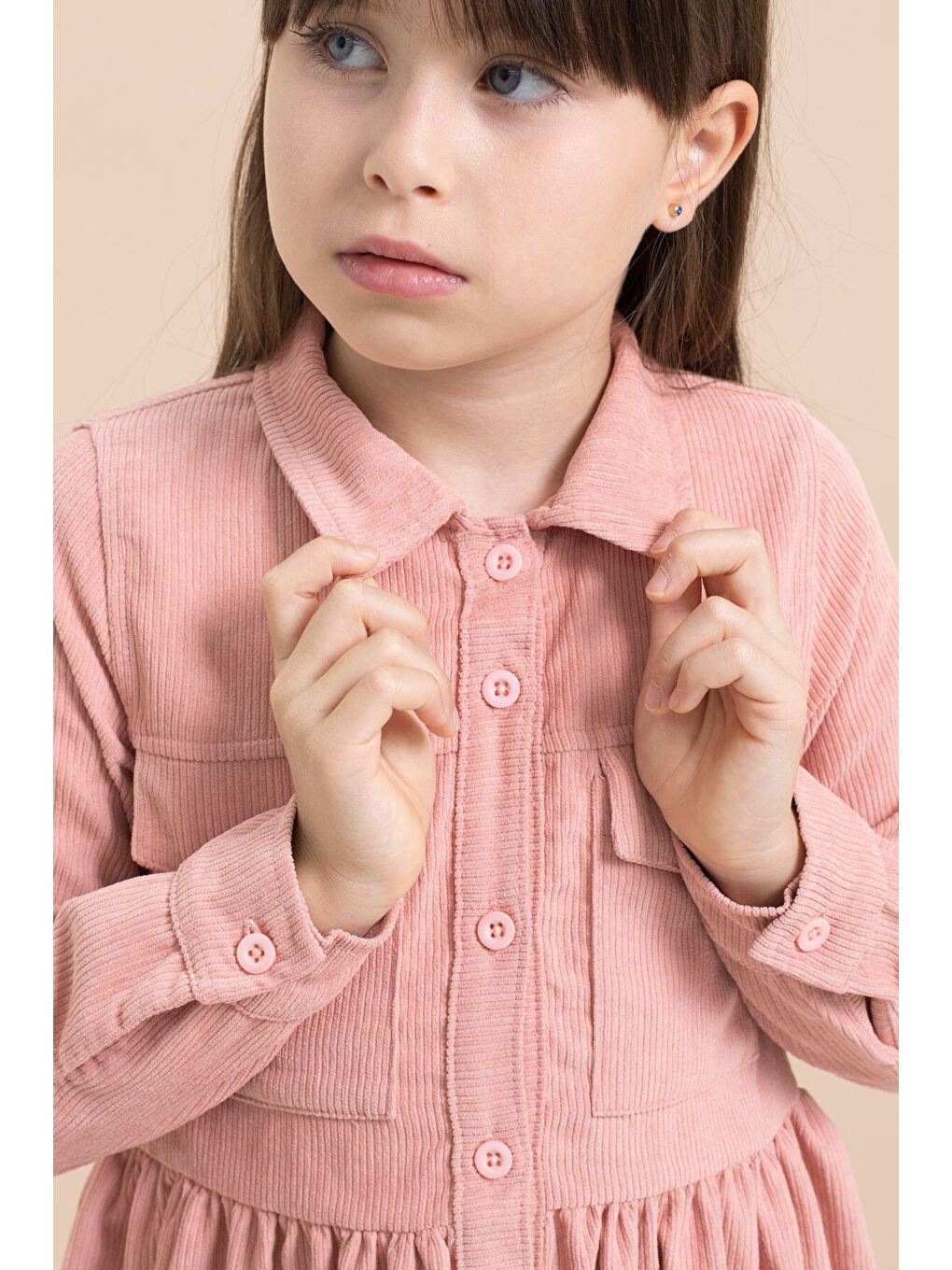 Pembe Kız Çocuk Cep Detaylı Kadife Desenli Elbise 21546-3