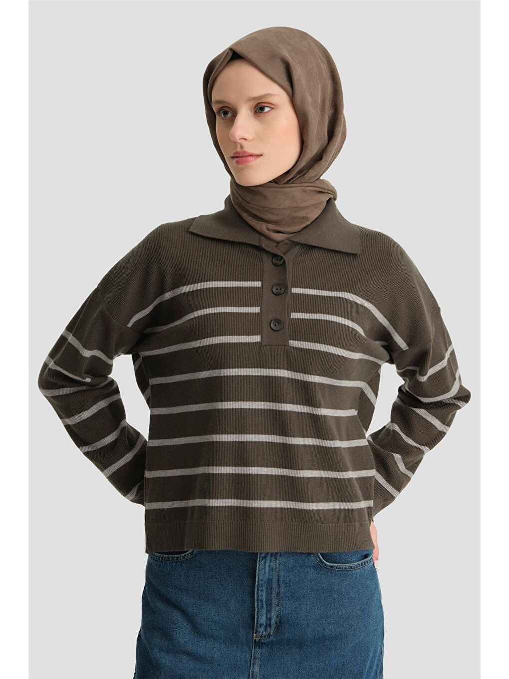 Çizgili Triko Kazak 24Kd4208 Haki-2