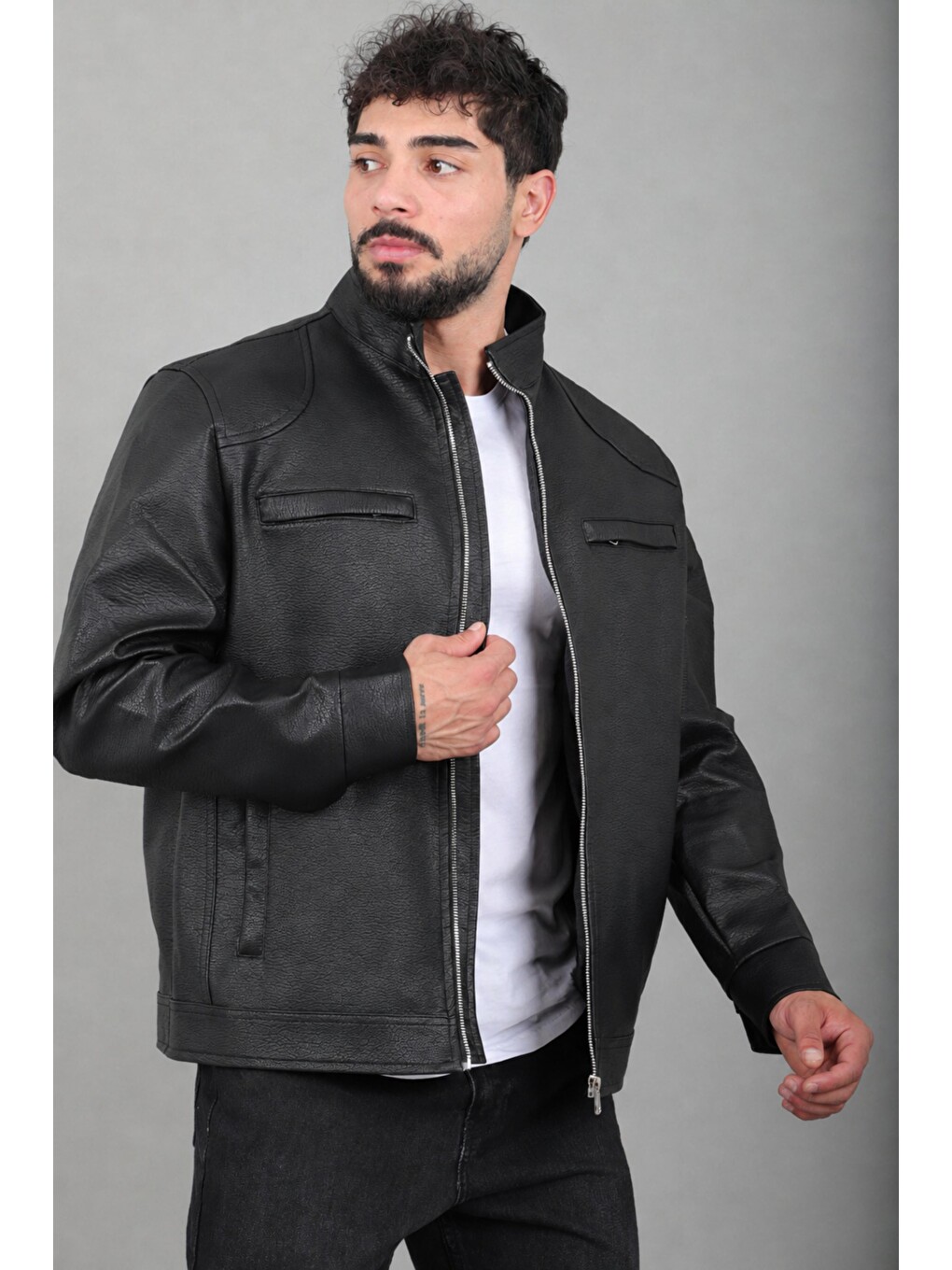 Siyah Göğüs Cep Kapaklı Suni Deri Mont Kmd 874_50520