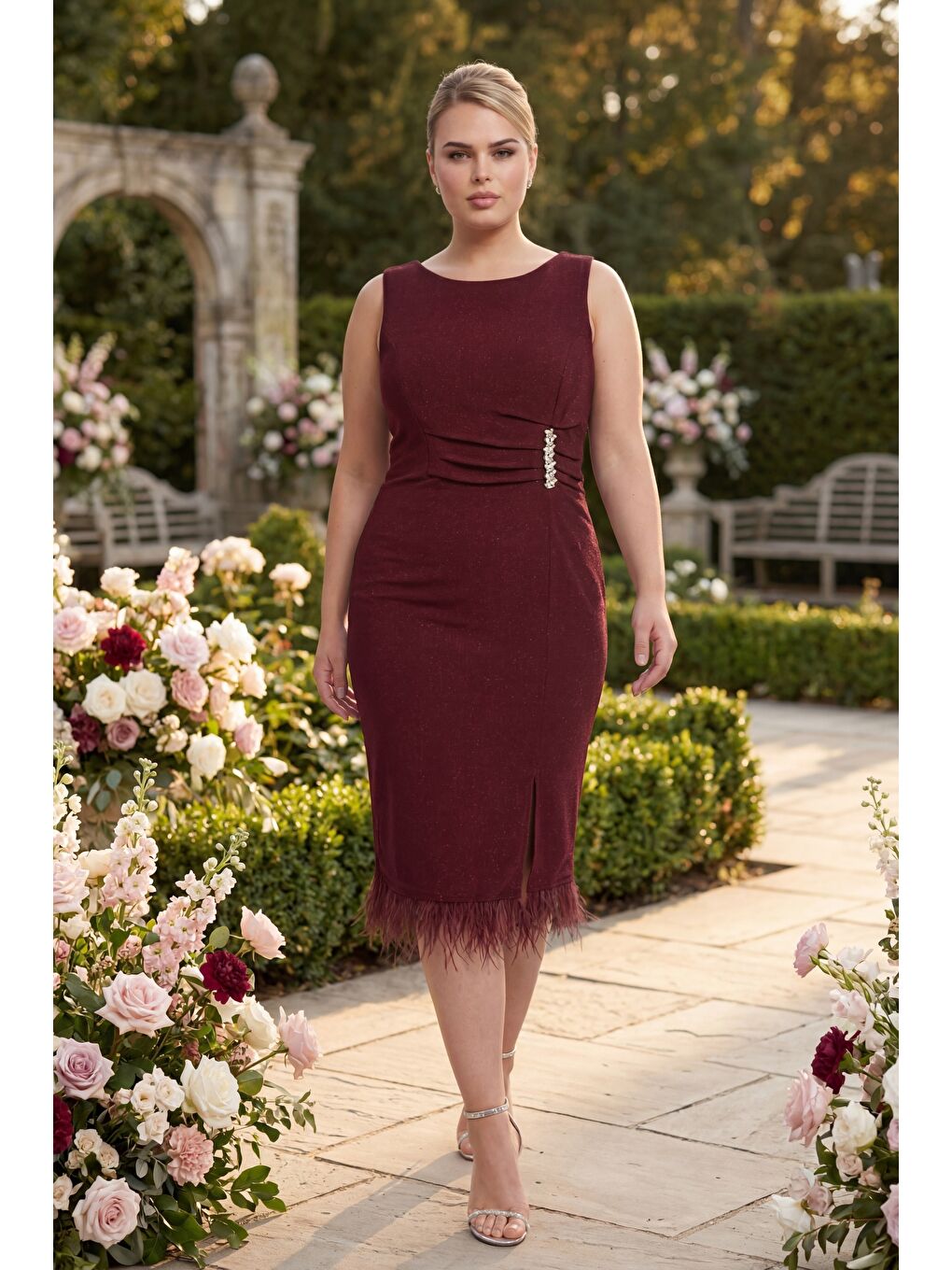 Kadın Bordo Bisiklet Yaka Taşlı Büyük Beden Abiye Elbise-3