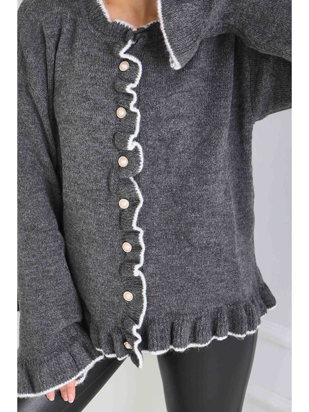 İnci Düğmeli Triko Hırka Antrasit - 28005-ANTRASIT-2