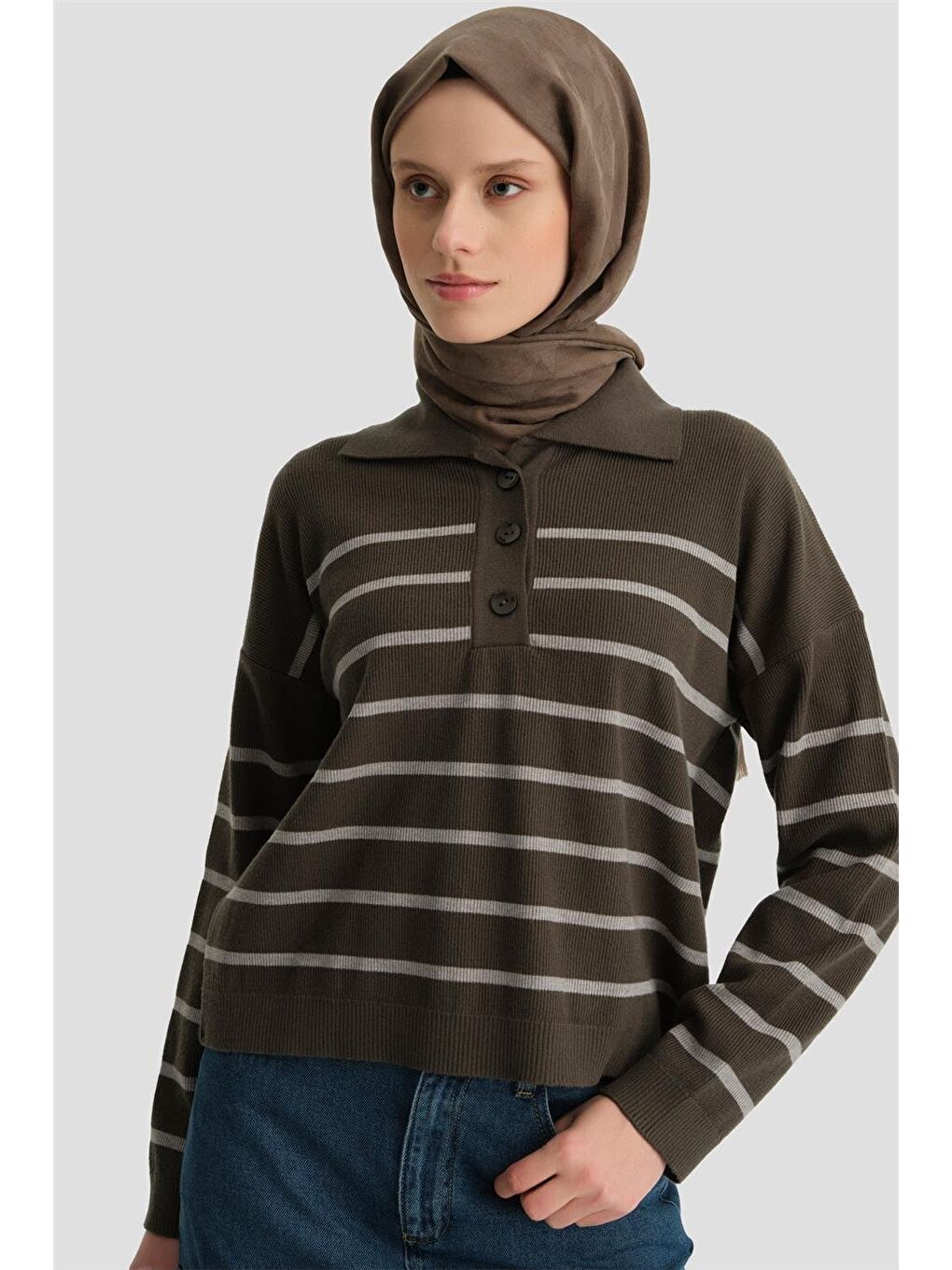 Çizgili Triko Kazak 24Kd4208 Haki-3