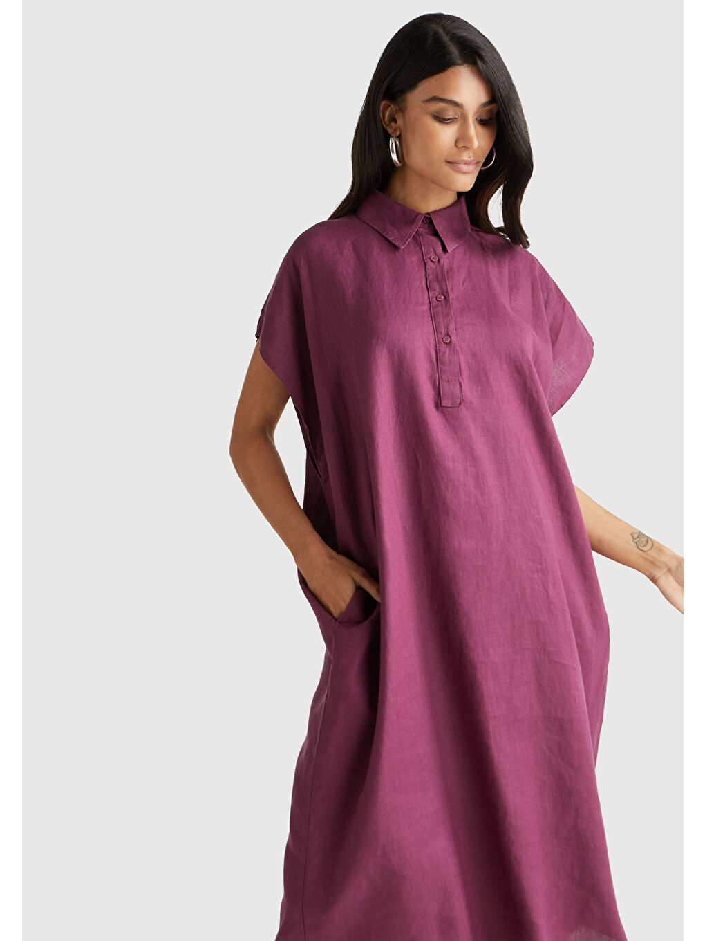 Kadın Mürdüm %100 Keten Önü Düğmeli Gömlek Yaka Kısa Kollu  Maxi Elbise