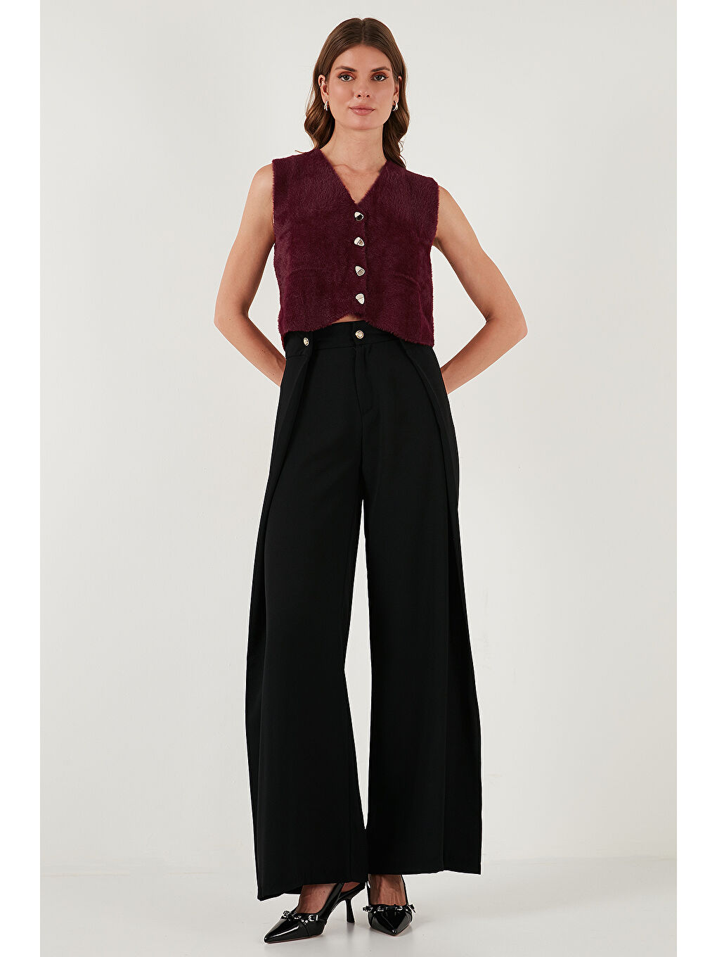 Bordo Regular Fit V Yaka Yumuşak Dokulu Düğmeli Yelek 4615241-1