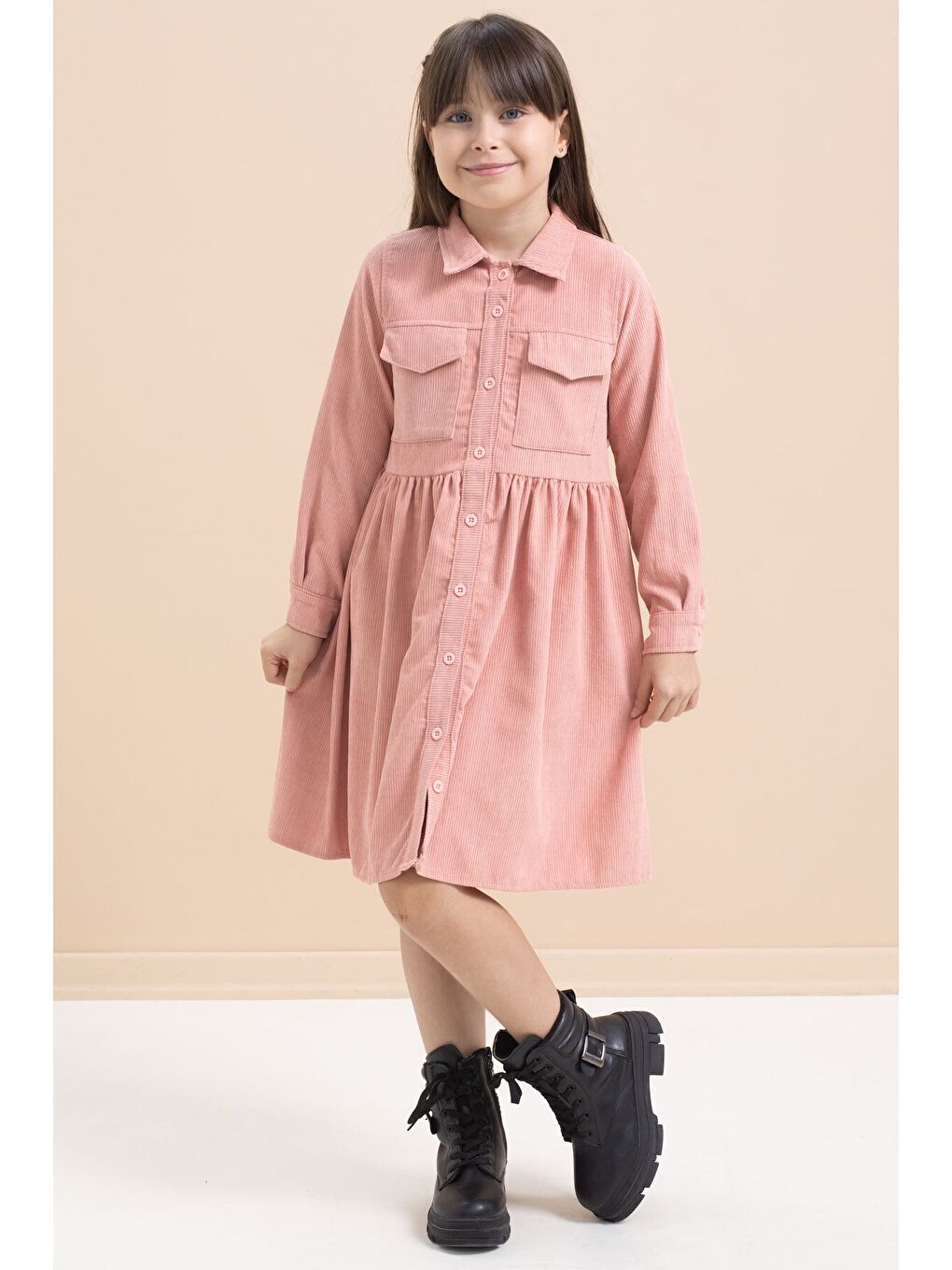 Pembe Kız Çocuk Cep Detaylı Kadife Desenli Elbise 21546-4