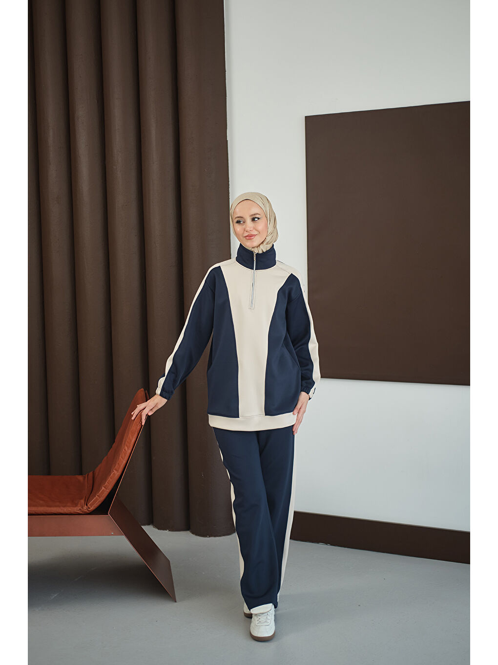 Kadın Çift Renk Fermuar Detay Takım Lacivert-1