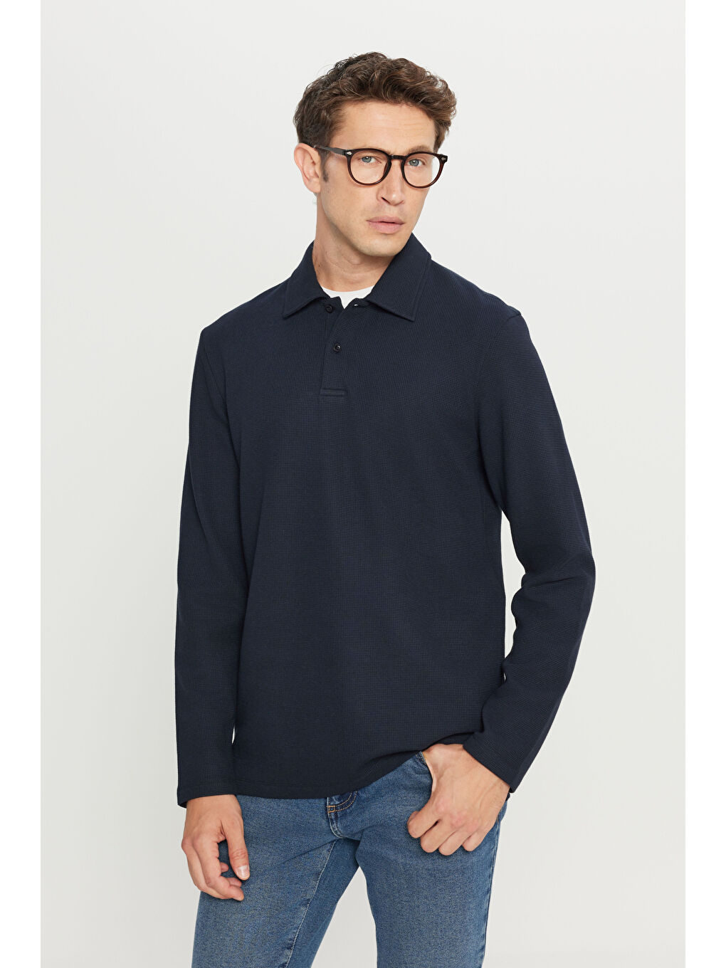 Erkek Lacivert Pamuklu Slim Fit Dar Kesim Polo Yaka Uzun Kollu Jakarlı Esnek Tişört