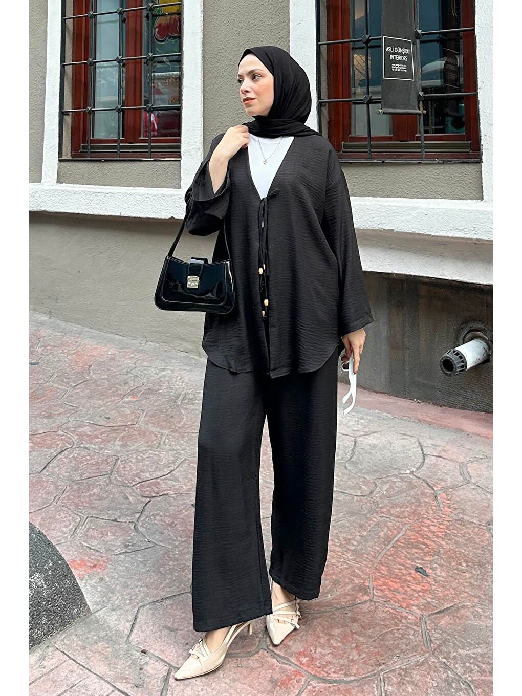 Ön Çift Bağcık Detaylı Kimono Tesettür Takım Siyah-3