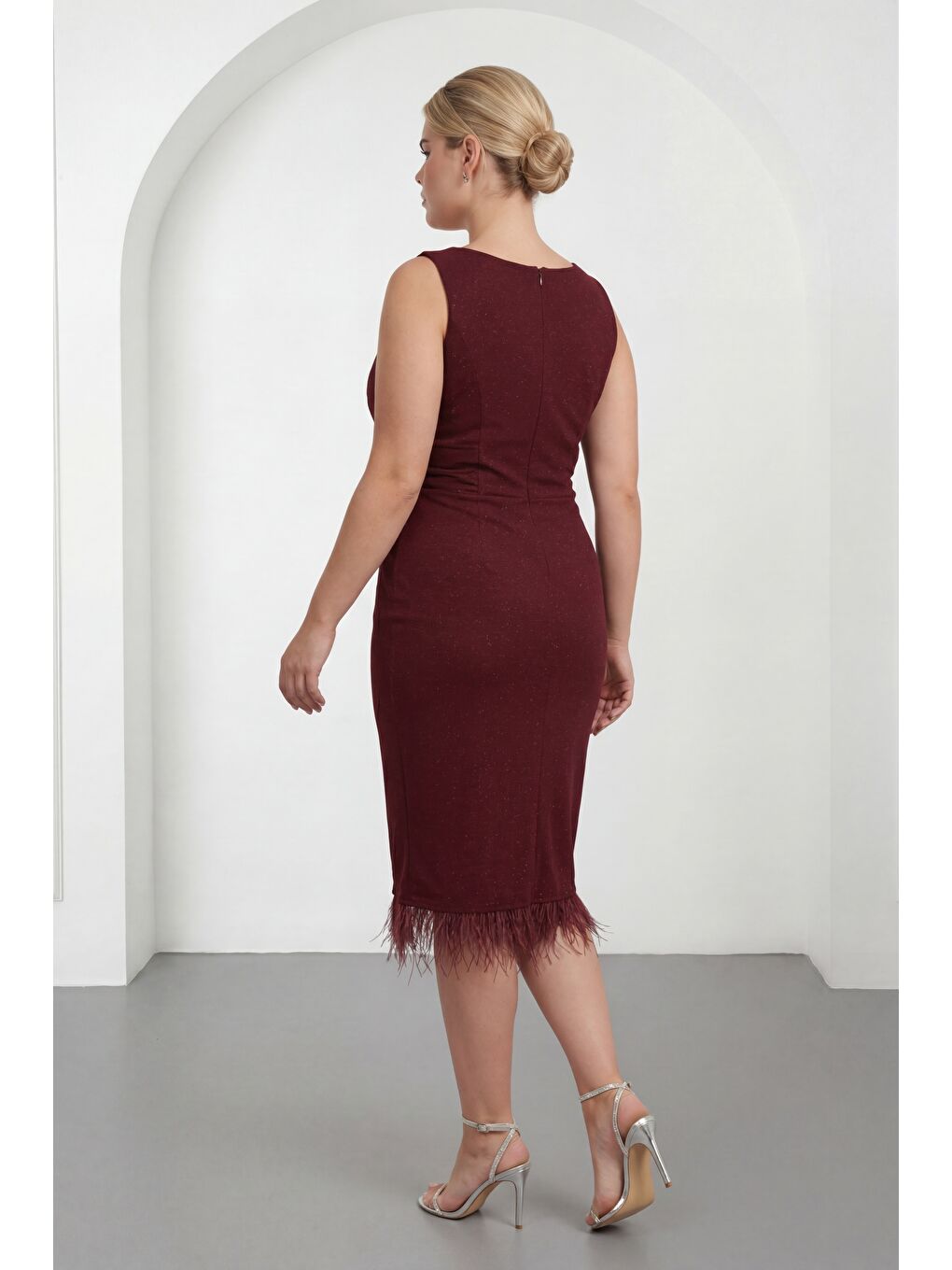 Kadın Bordo Bisiklet Yaka Taşlı Büyük Beden Abiye Elbise-4