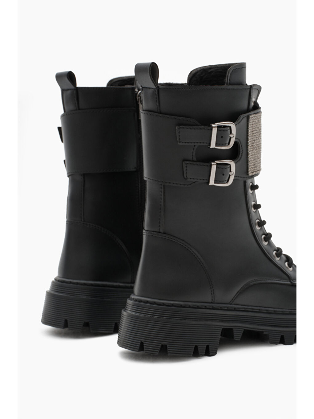 Kadın Siyah Cilt Termo Taban Yanı Çift Tokalı Taşlı Bağcıklı ve Fermuarlı Bot-4