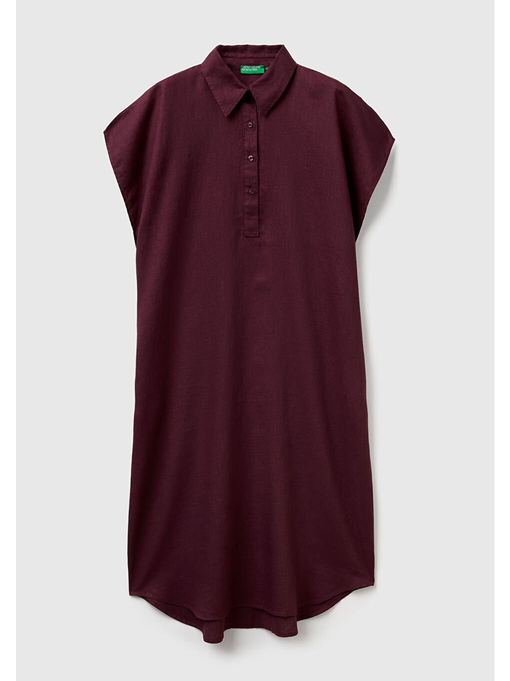 Kadın Mürdüm %100 Keten Önü Düğmeli Gömlek Yaka Kısa Kollu  Maxi Elbise-1