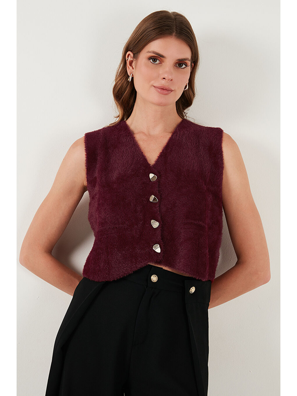 Bordo Regular Fit V Yaka Yumuşak Dokulu Düğmeli Yelek 4615241-2