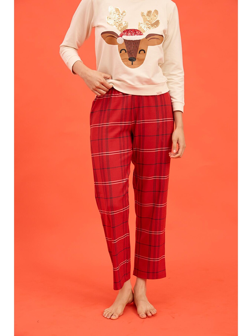 Kadın Deer New Year Pijama Takımı Kırmızı-2