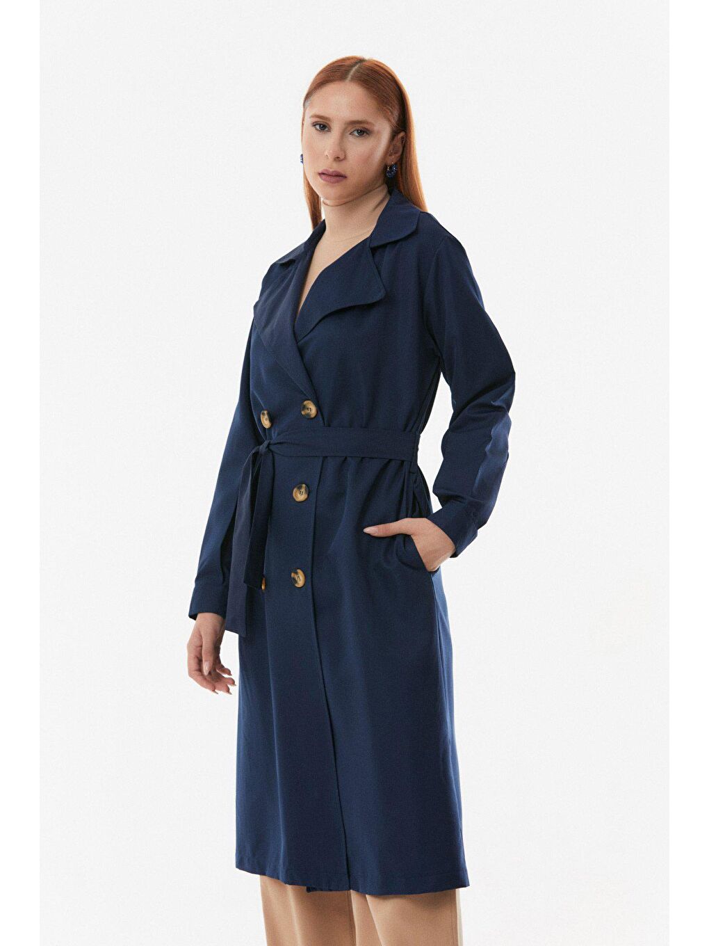 Lacivert Kruvaze Yaka Kuşaklı Uzun Trençkot-3