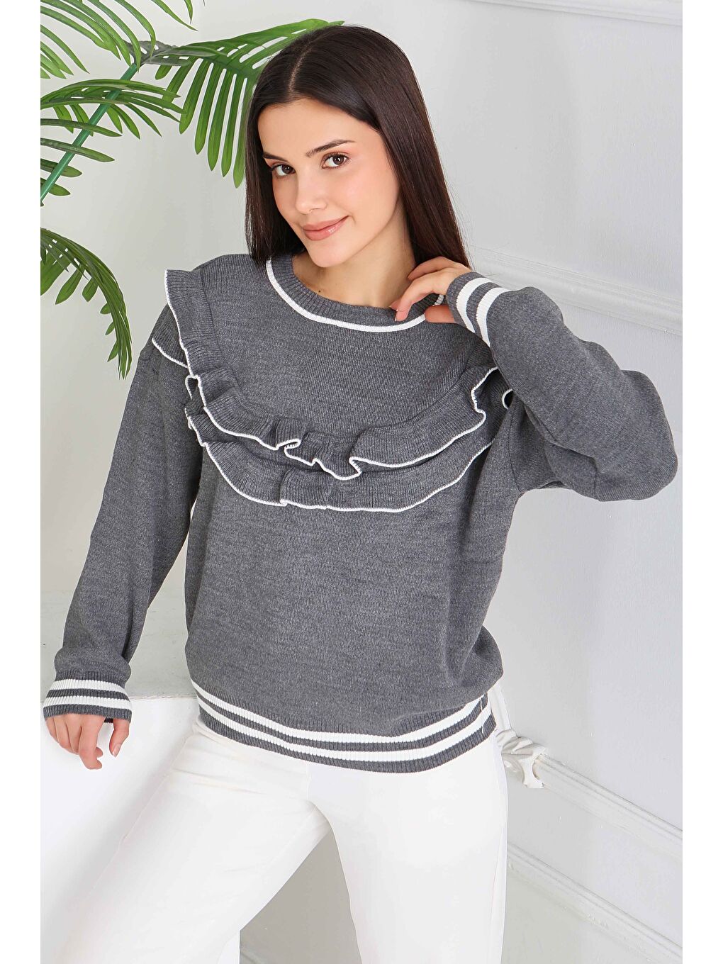 Fırfırlı Çizgili Triko Kazak Antrasit - 28006-ANTRASIT