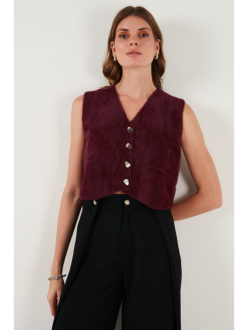 Bordo Regular Fit V Yaka Yumuşak Dokulu Düğmeli Yelek 4615241-3