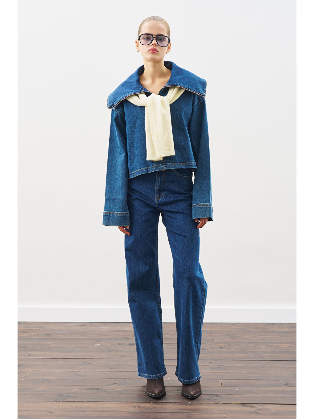 Geniş Yakalı Denim Bluz Koyu Mavi-1