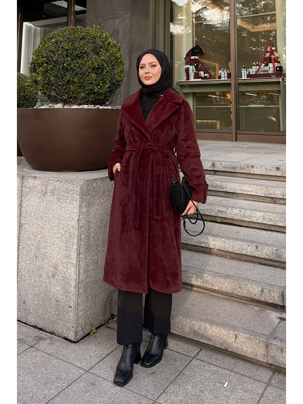 Kadın Apoletli Uzun Kaban Bordo-2