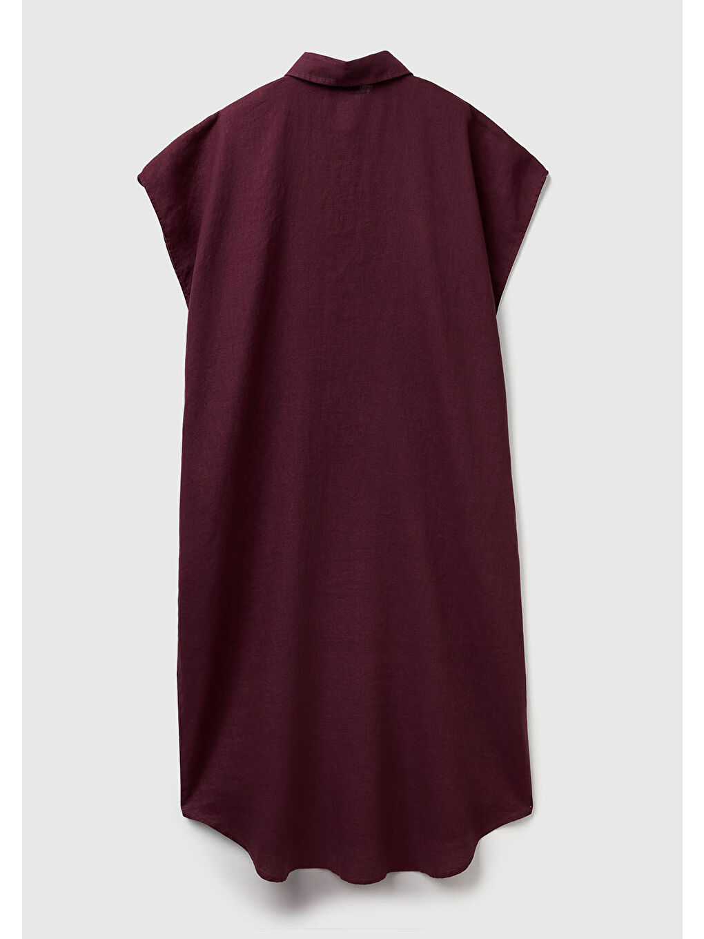 Kadın Mürdüm %100 Keten Önü Düğmeli Gömlek Yaka Kısa Kollu  Maxi Elbise-3