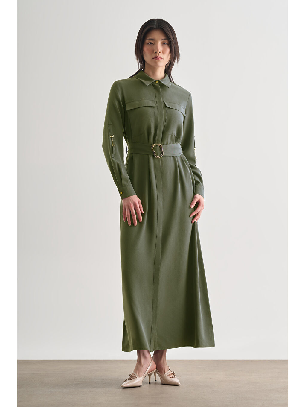 Çift Cepli Uzun Kemerli Haki Safari Elbise