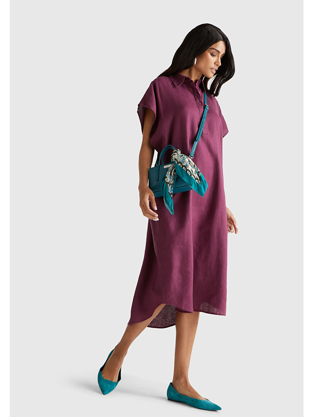 Kadın Mürdüm %100 Keten Önü Düğmeli Gömlek Yaka Kısa Kollu  Maxi Elbise-4