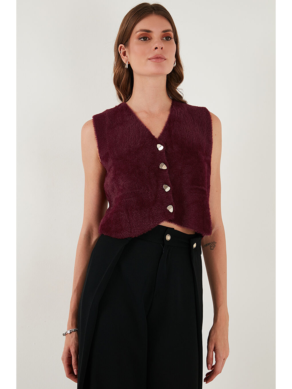 Bordo Regular Fit V Yaka Yumuşak Dokulu Düğmeli Yelek 4615241-4