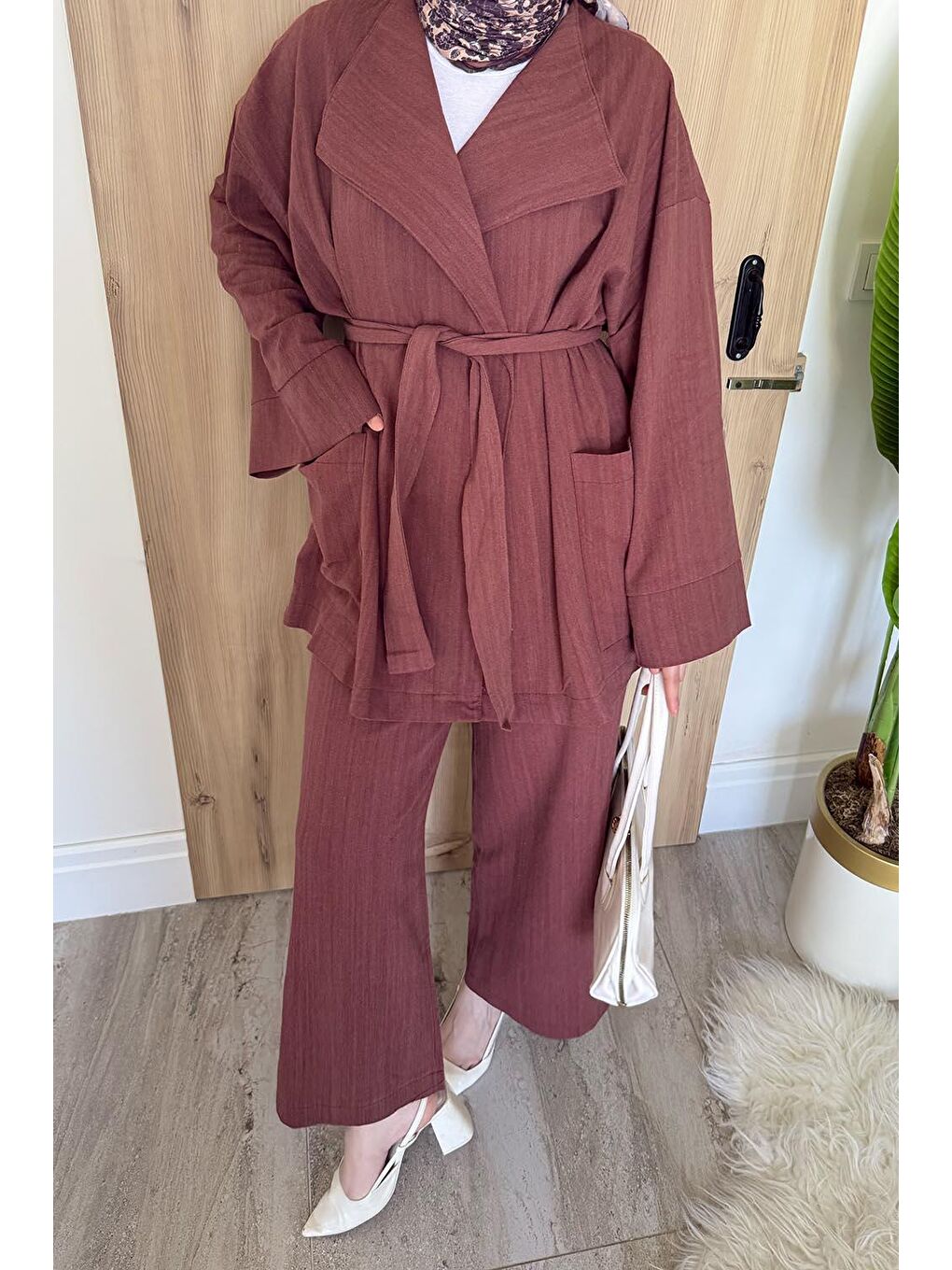 Kahverengi Kimono Tesettür Takım Kiremit-1