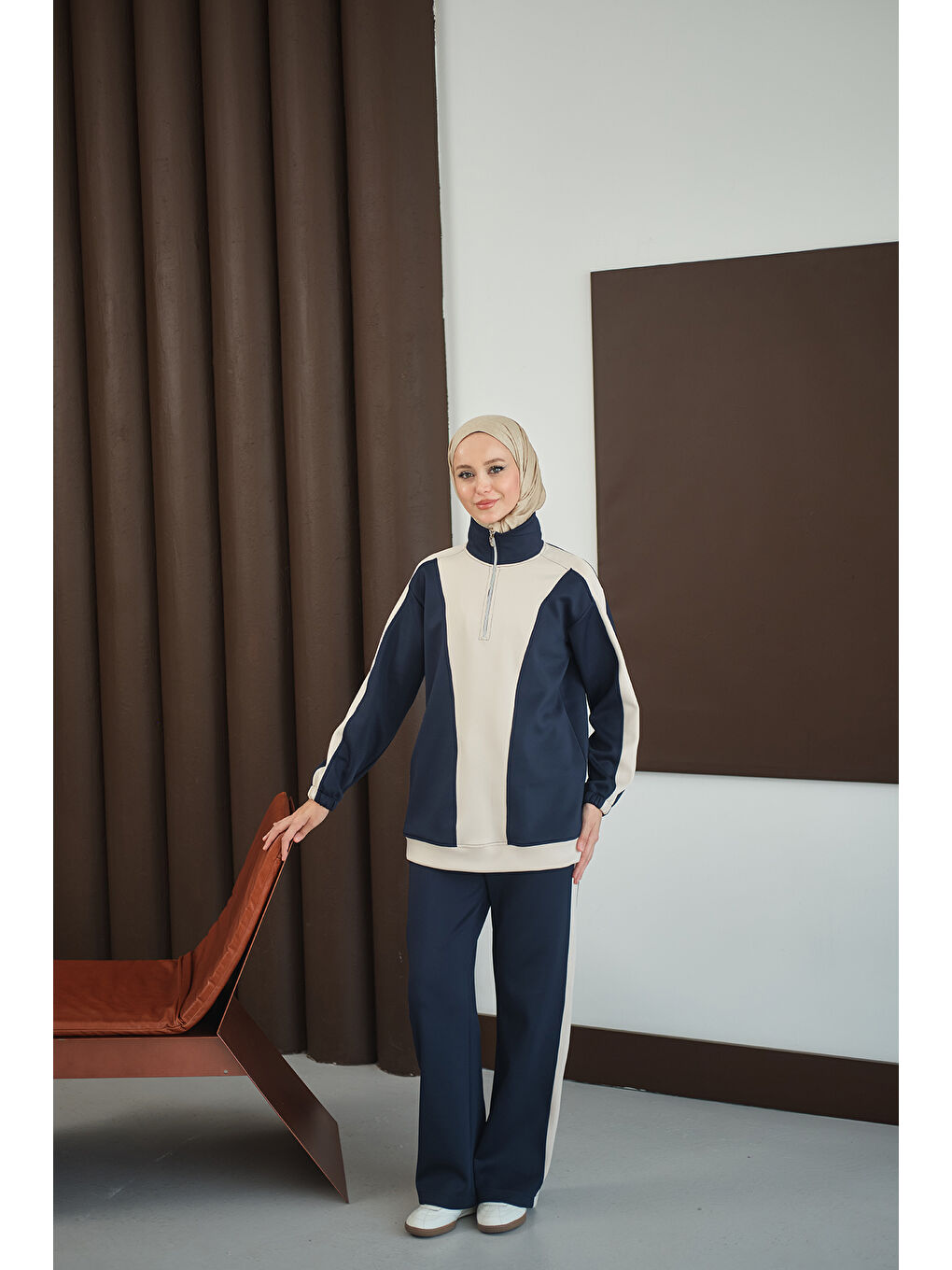 Kadın Çift Renk Fermuar Detay Takım Lacivert-2