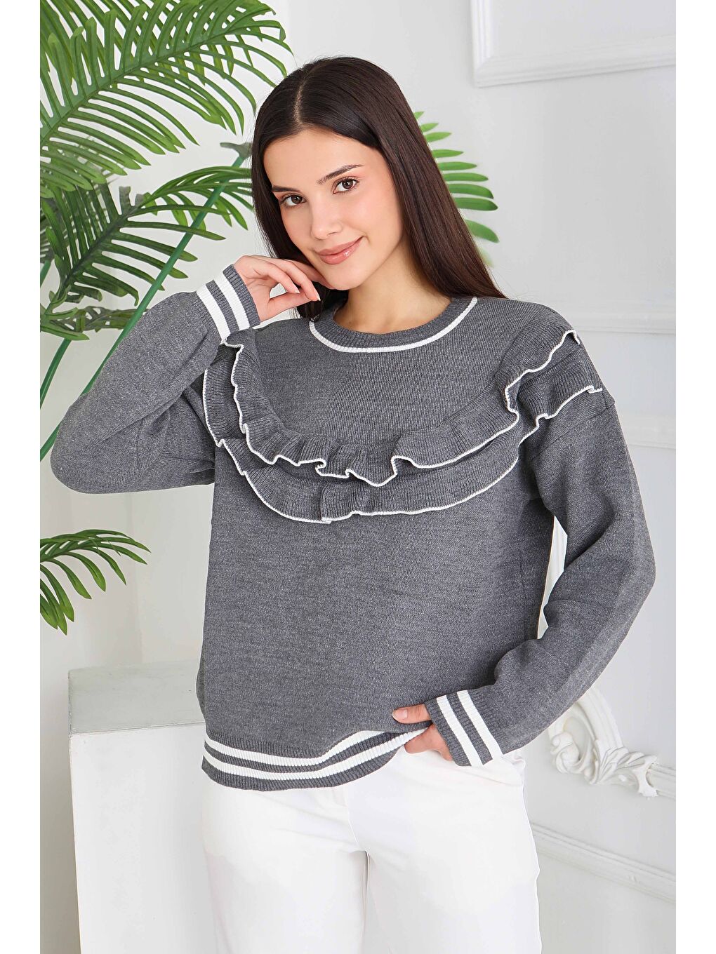Fırfırlı Çizgili Triko Kazak Antrasit - 28006-ANTRASIT-1