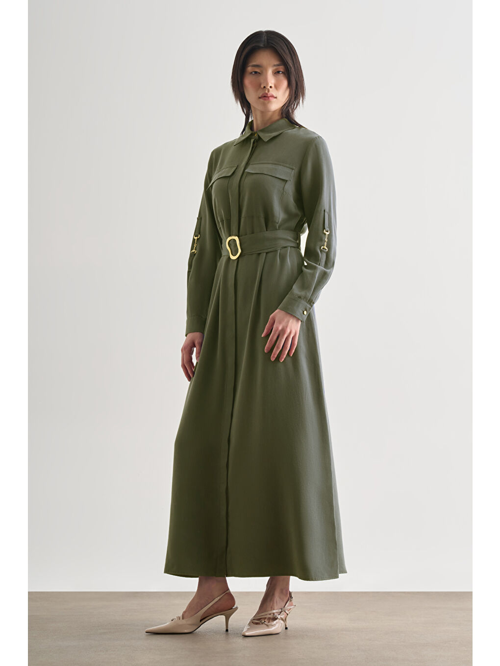 Çift Cepli Uzun Kemerli Haki Safari Elbise-1