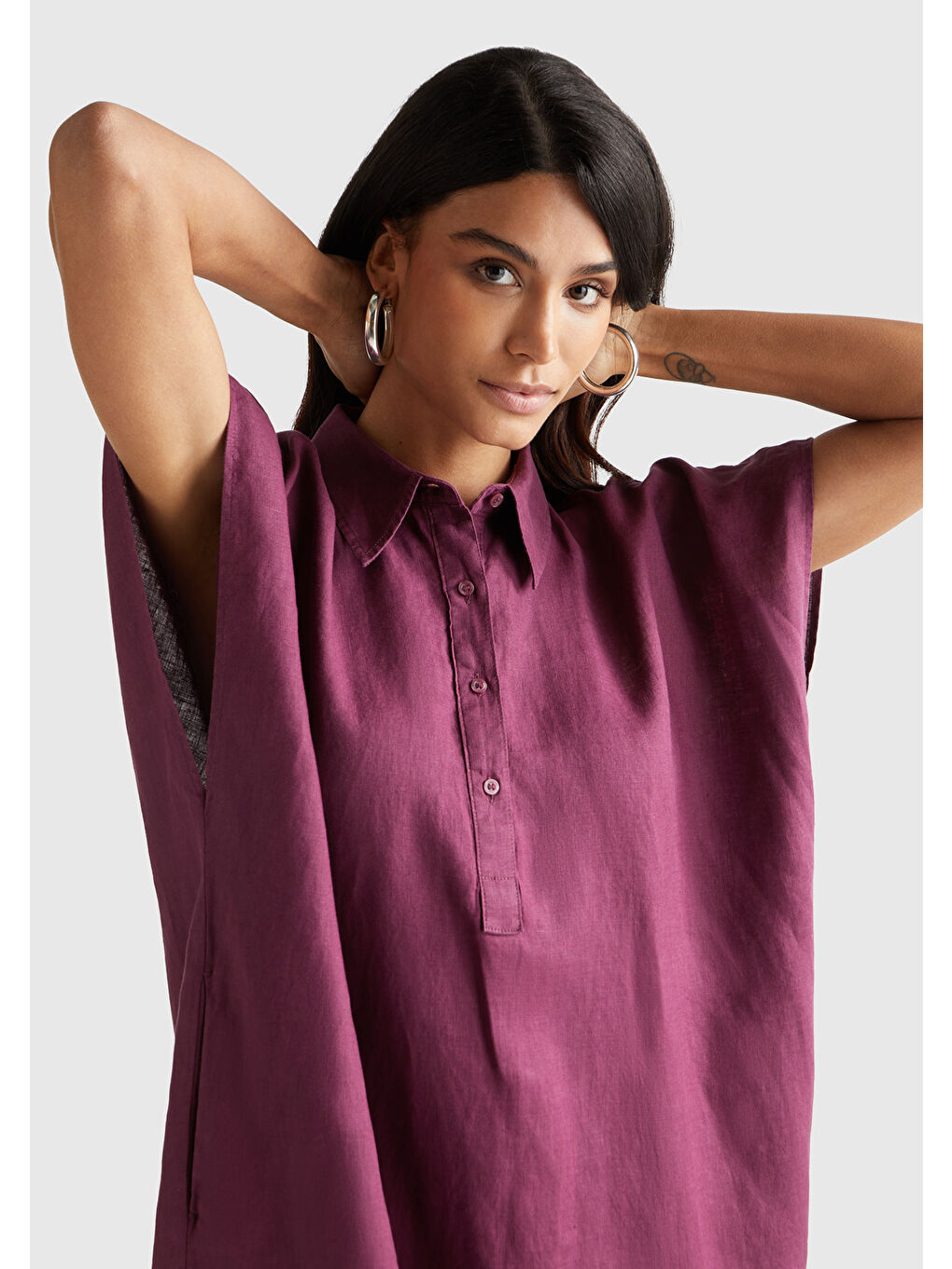 Kadın Mürdüm %100 Keten Önü Düğmeli Gömlek Yaka Kısa Kollu  Maxi Elbise-5