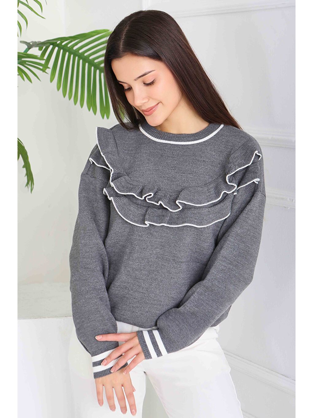 Fırfırlı Çizgili Triko Kazak Antrasit - 28006-ANTRASIT-2