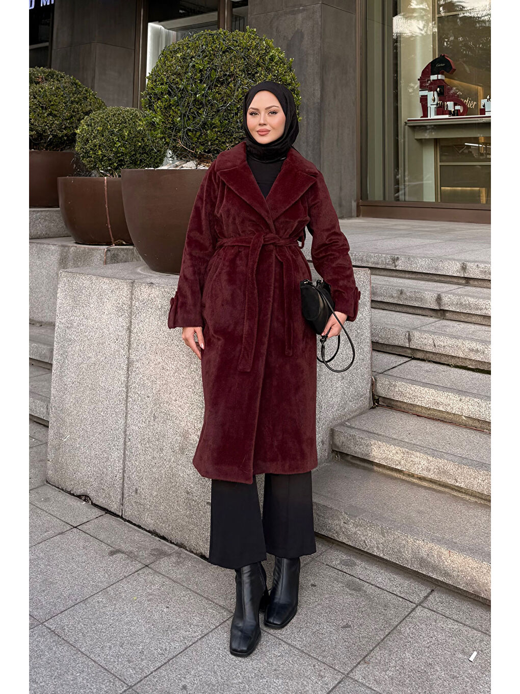 Kadın Apoletli Uzun Kaban Bordo-4