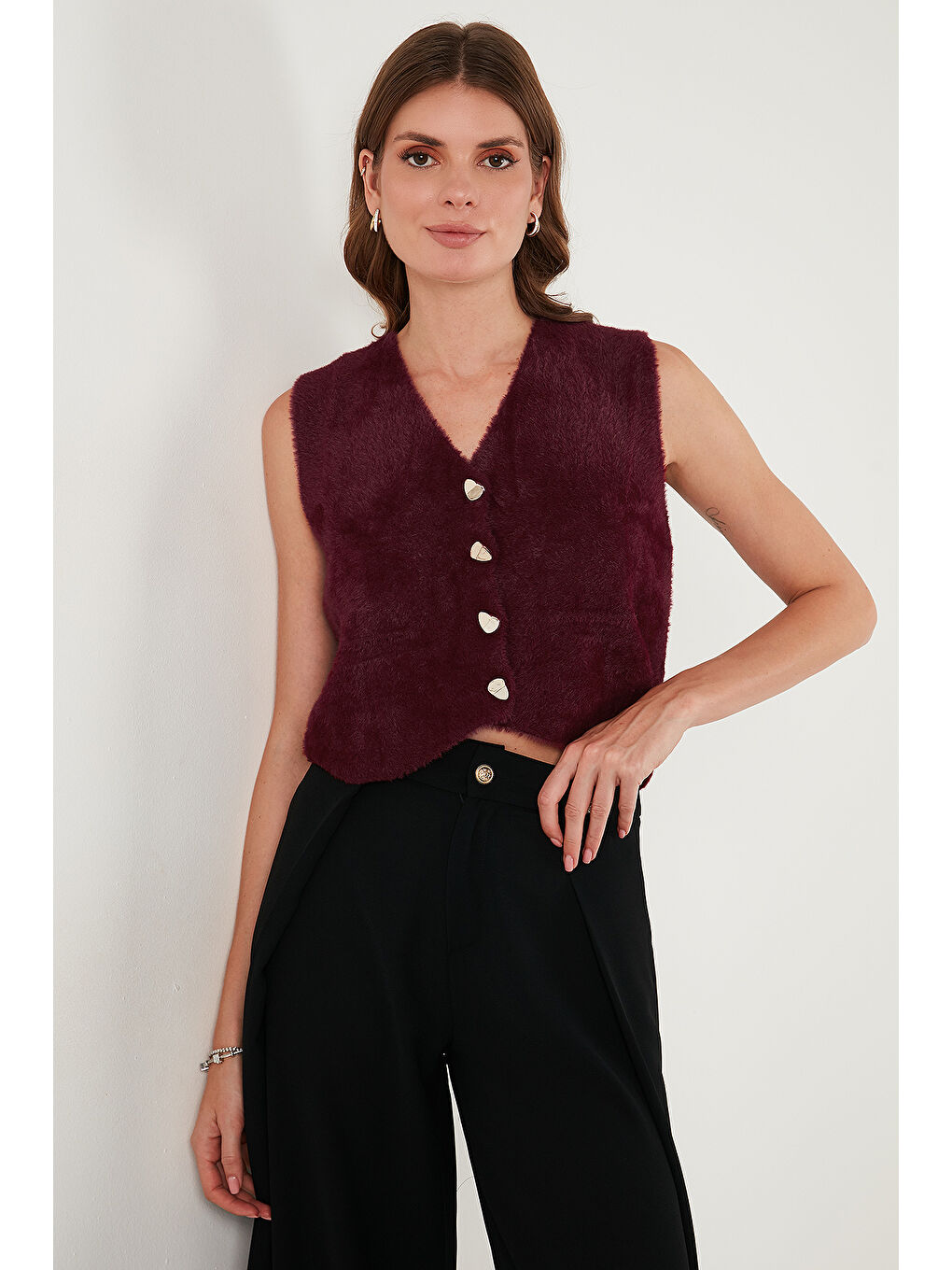 Bordo Regular Fit V Yaka Yumuşak Dokulu Düğmeli Yelek 4615241-5