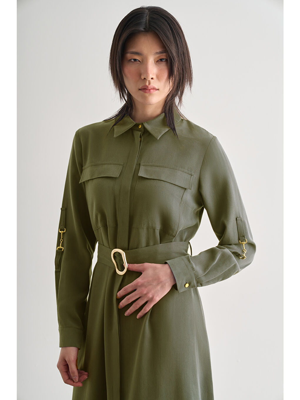 Çift Cepli Uzun Kemerli Haki Safari Elbise-2