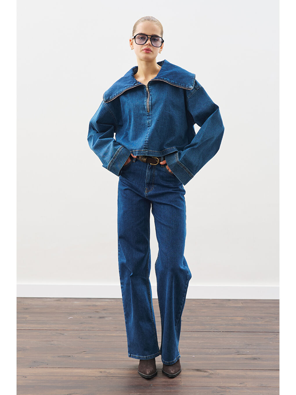 Geniş Yakalı Denim Bluz Koyu Mavi-2