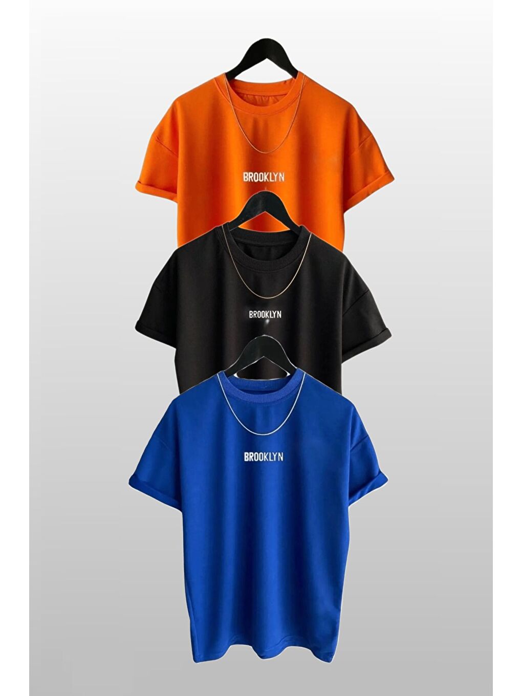 Trendseninle Kadın Brooklyn Baskılı 3lü Paket Turuncu Siyah Mavi T Shirt