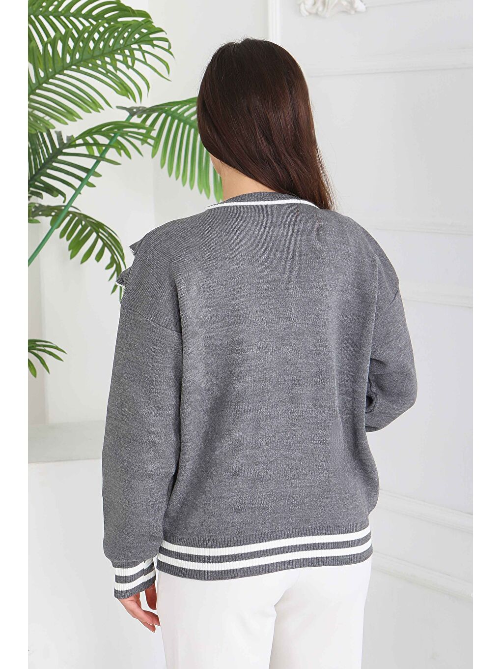 Fırfırlı Çizgili Triko Kazak Antrasit - 28006-ANTRASIT-3