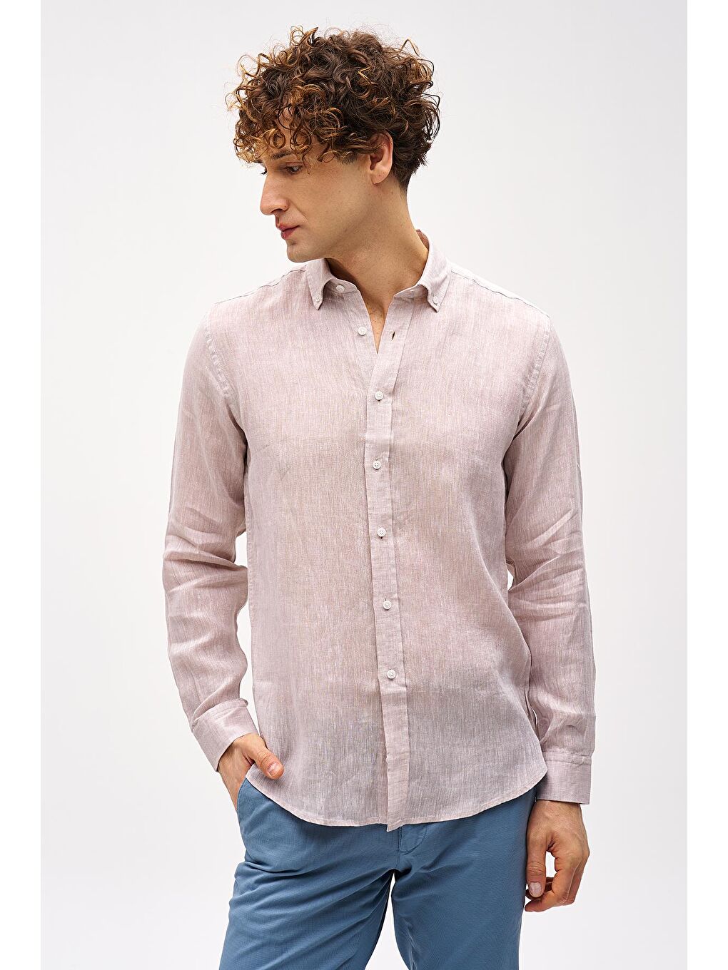 Bej Dynamic Fit Düğmeli Yaka Düz Uzun Kollu Cepsiz %100 Keten Gömlek-2