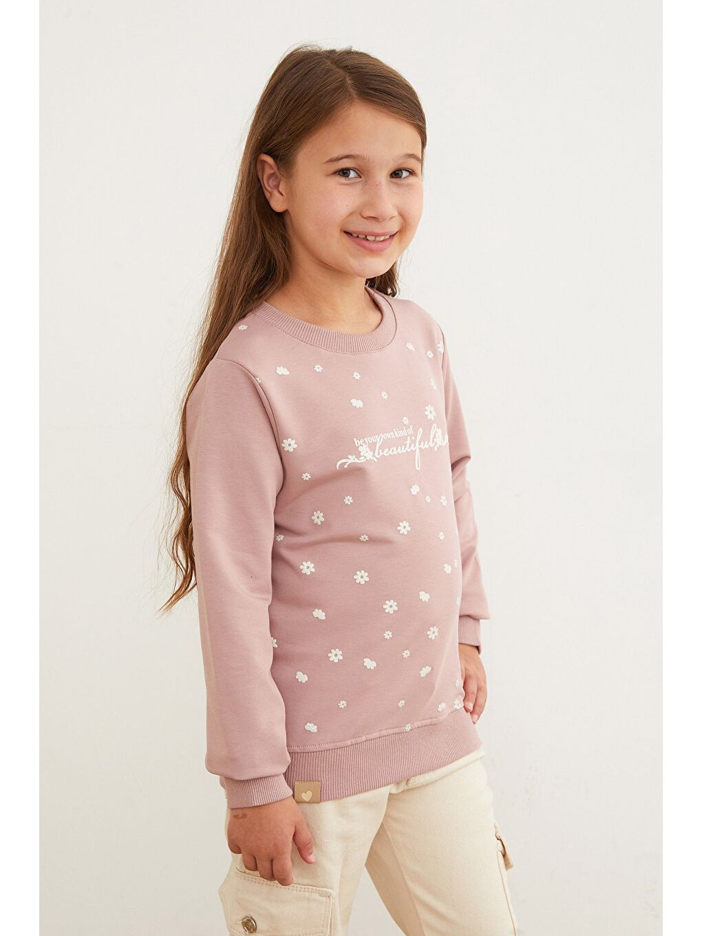 Pembe Beautiful Yazı Baskılı Kız Çocuk Sweatshirt-4