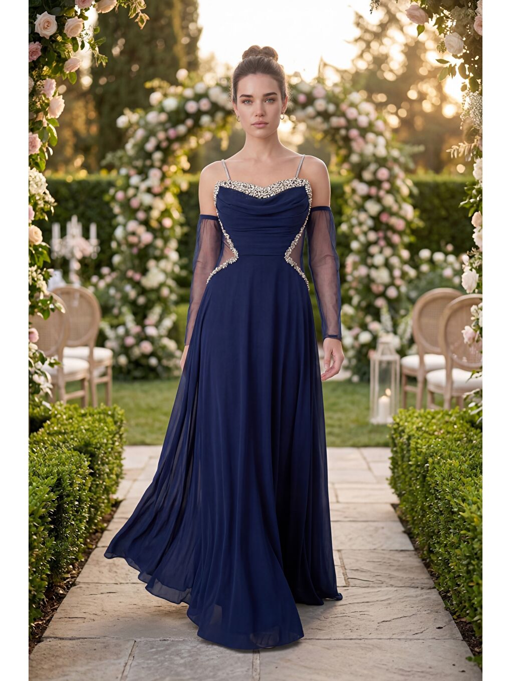 Kadın Lacivert Taşlı Şifon Uzun Abiye Elbise-4