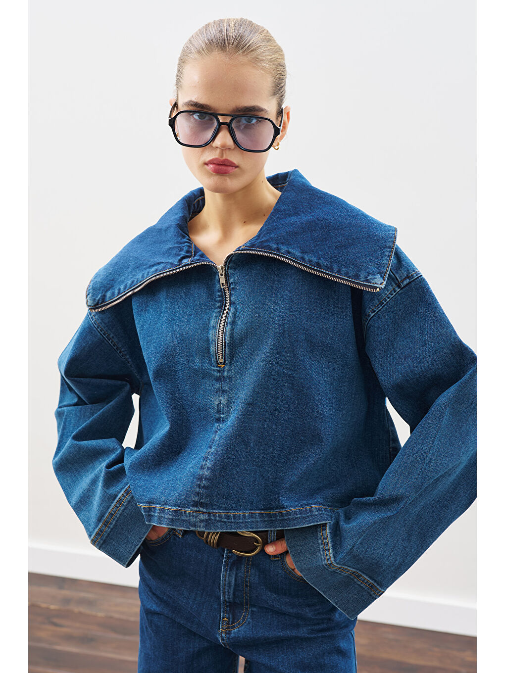 Geniş Yakalı Denim Bluz Koyu Mavi-3