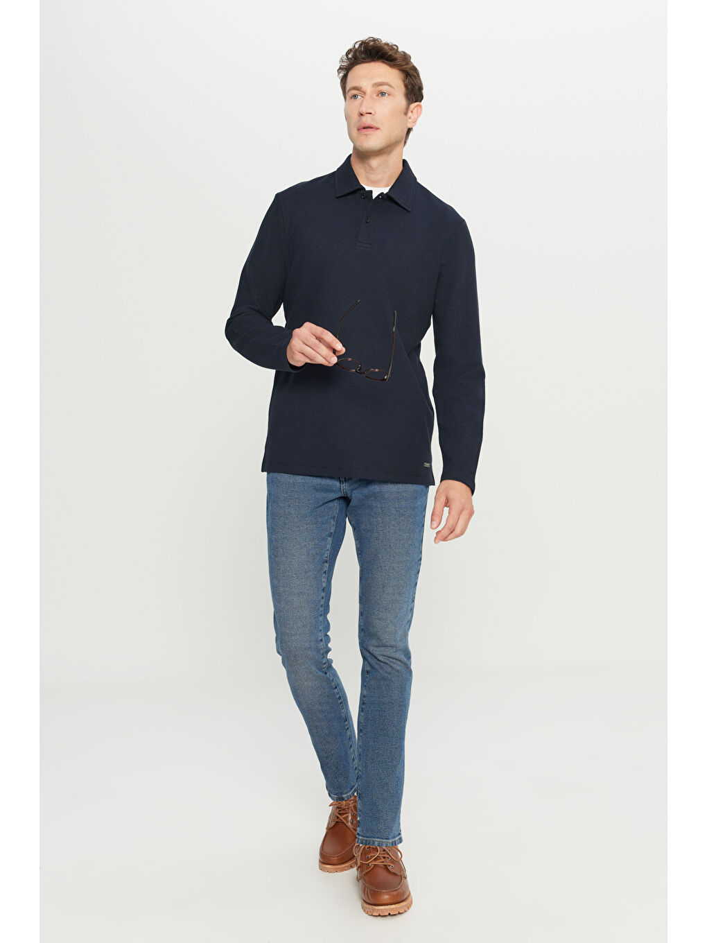 Erkek Lacivert Pamuklu Slim Fit Dar Kesim Polo Yaka Uzun Kollu Jakarlı Esnek Tişört-1