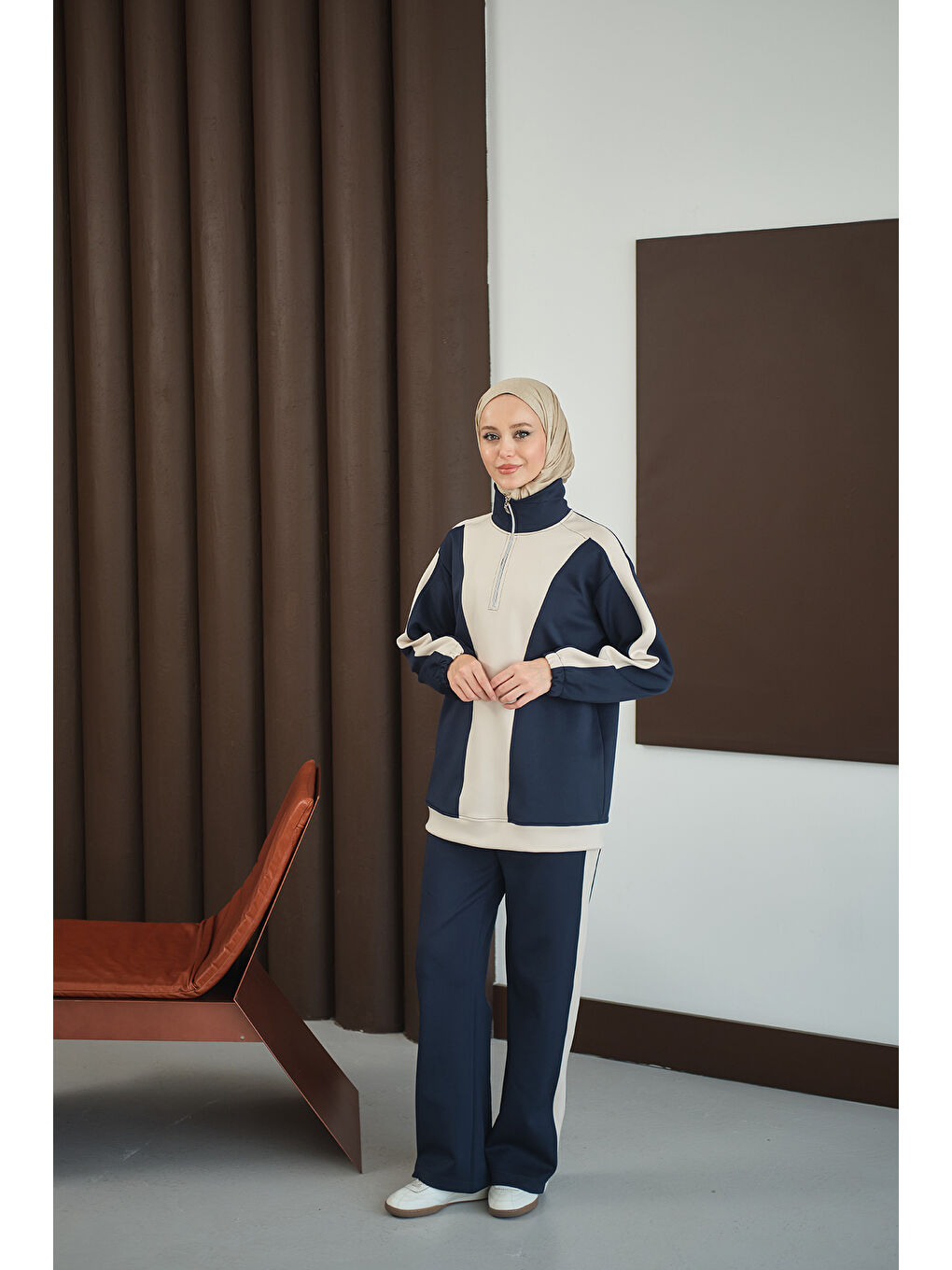 Kadın Çift Renk Fermuar Detay Takım Lacivert-4