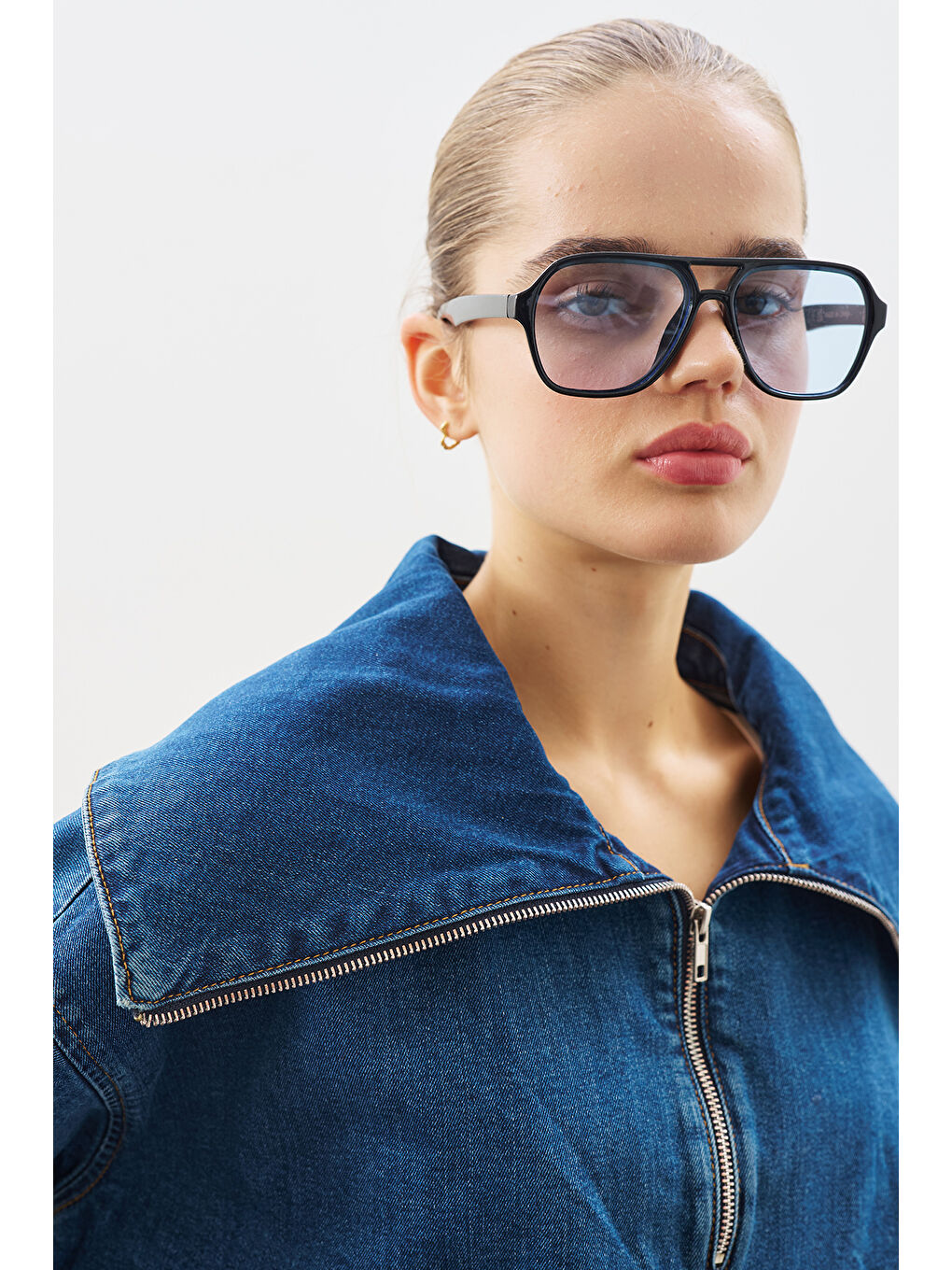 Geniş Yakalı Denim Bluz Koyu Mavi-4