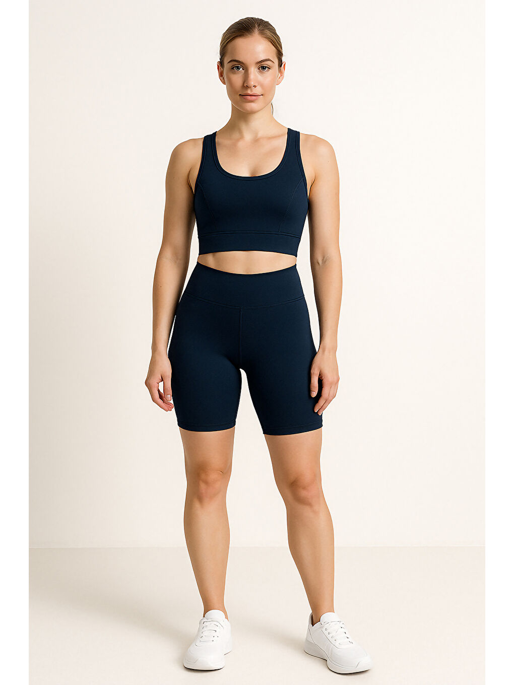 Lacivert Yüksek Bel Toparlayıcı Kadın Spor Kısa Tayt